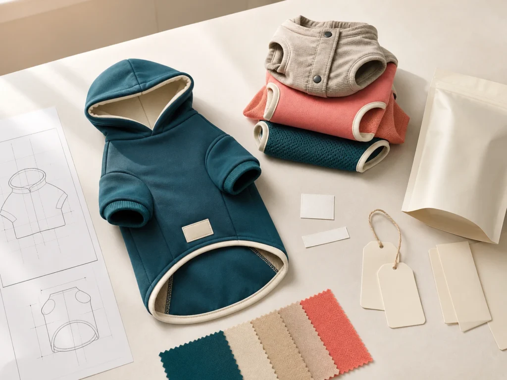 Custom pet apparel development workspace with samples, fabric swatches, tags and packaging