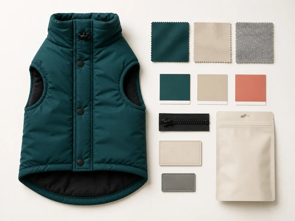 Existing pet apparel style with fabric swatches, color options and customization materials