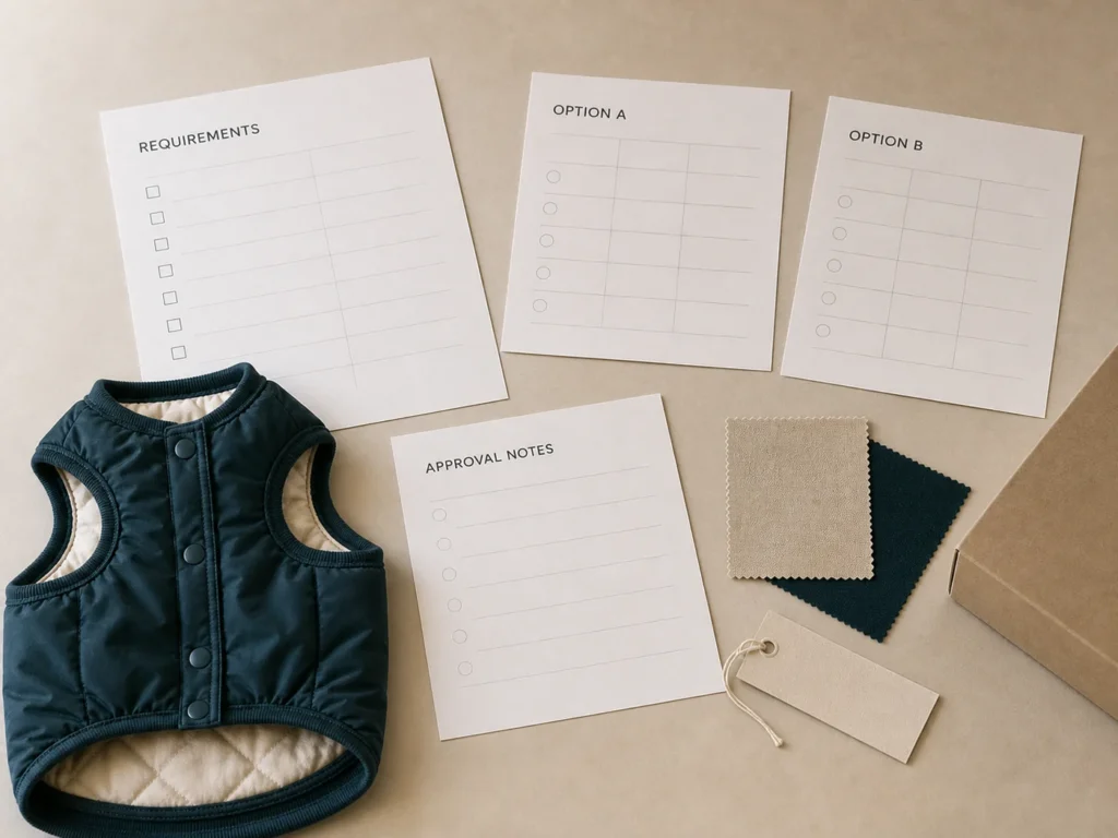 Pet apparel sourcing documents, supplier options and approval notes organized for project coordination