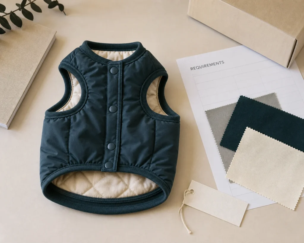 Pet product sourcing workspace with apparel sample, specifications and packaging notes