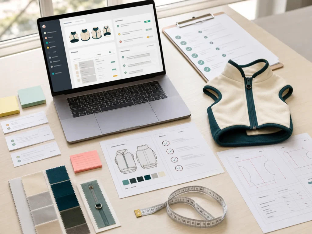 Pet apparel development and production coordination workspace with laptop, apparel samples, checklist and project notes