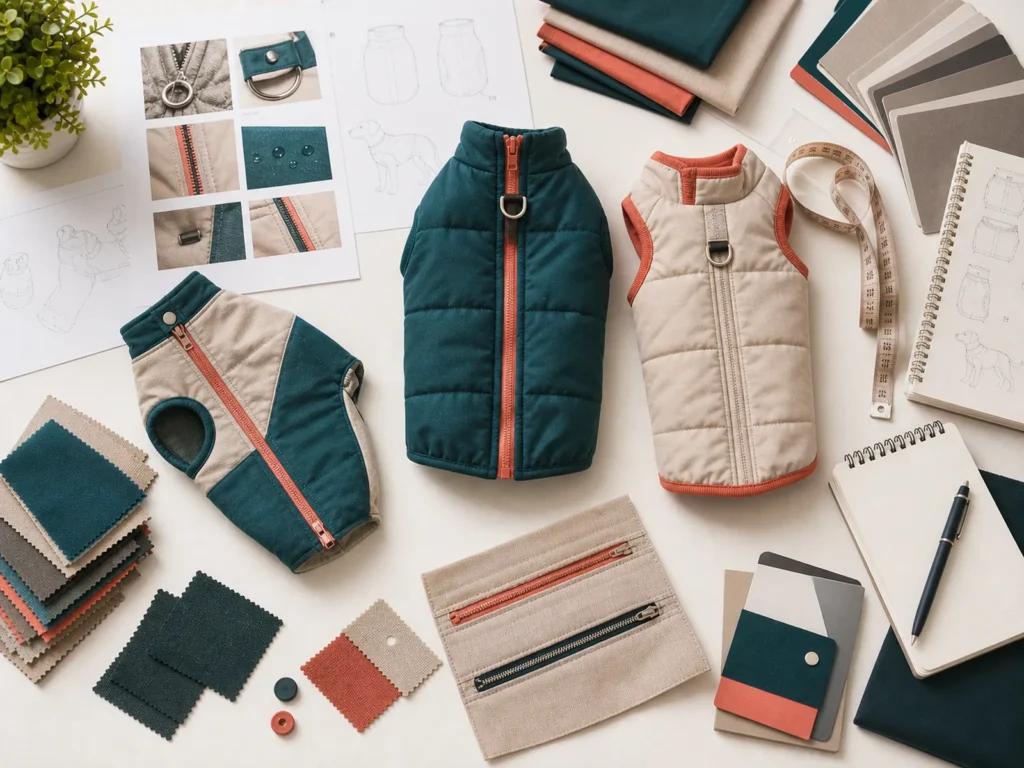 Pet apparel sample development workspace with prototypes, fabric swatches and adjustment notes