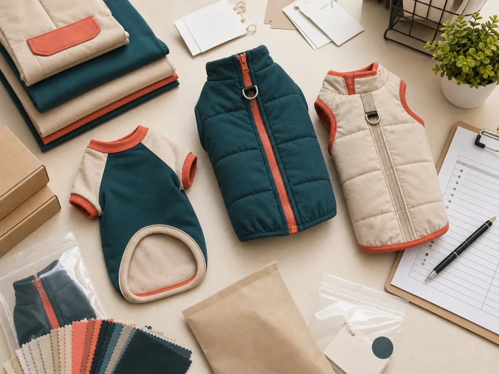 Finished pet apparel review workspace with dog clothing, tags, packaging and quality checklist