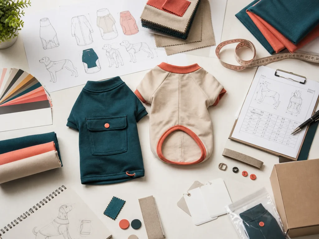 Pet apparel development workspace with prototypes, fabric swatches, sketches and packaging materials