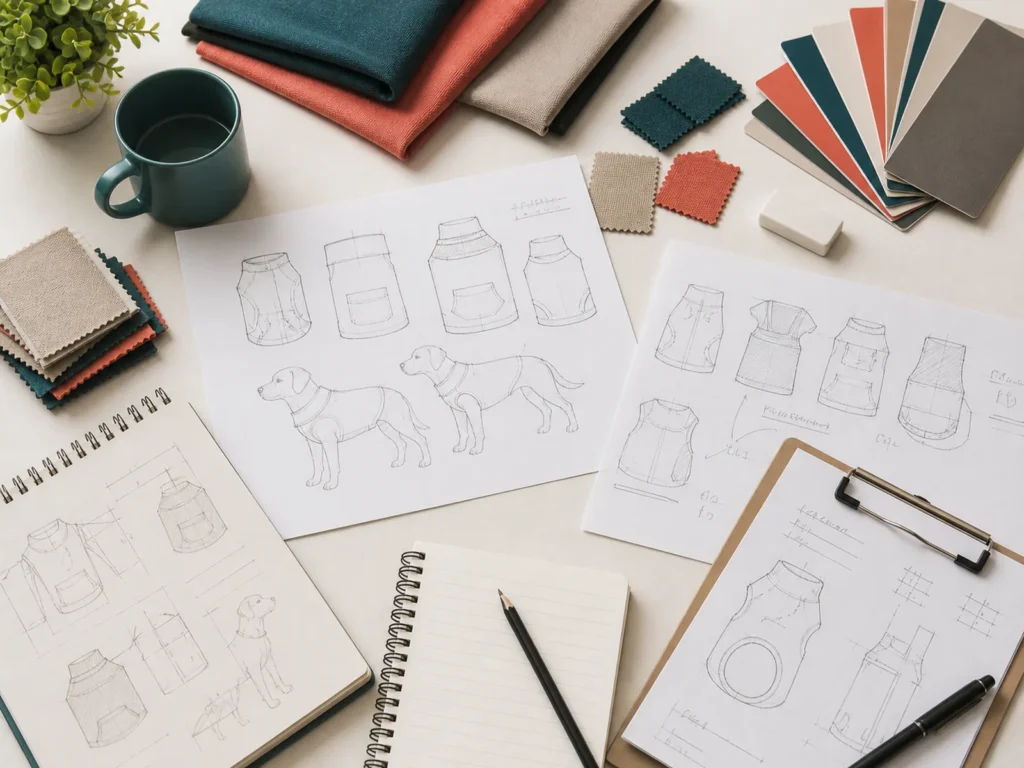 Pet apparel idea stage workspace with sketches, fabric swatches and planning notes