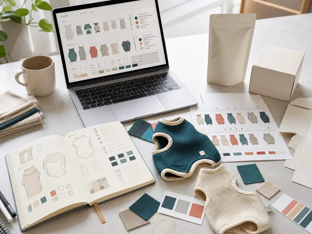 Pet apparel production planning workspace with samples, packaging ideas, laptop and planning notebook