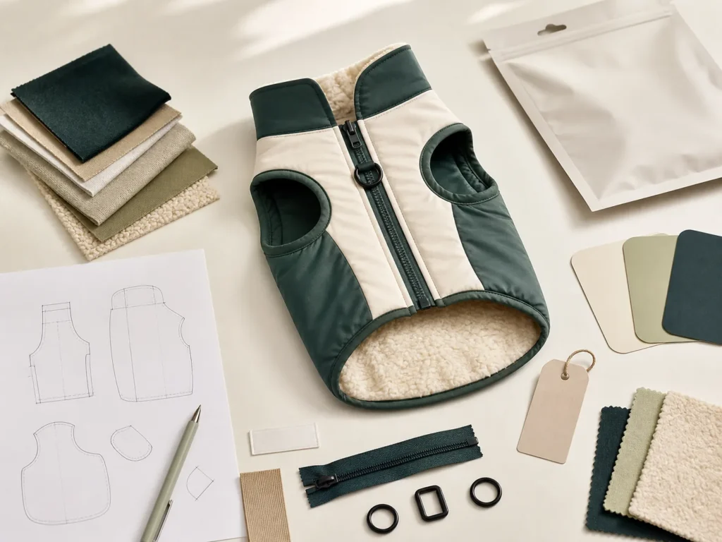 Pet apparel customization materials including fabric samples trims labels packaging and finished sample