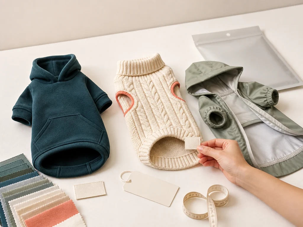 Pet hoodie, knitted sweater and jacket with fabric swatches, blank labels and measuring tape