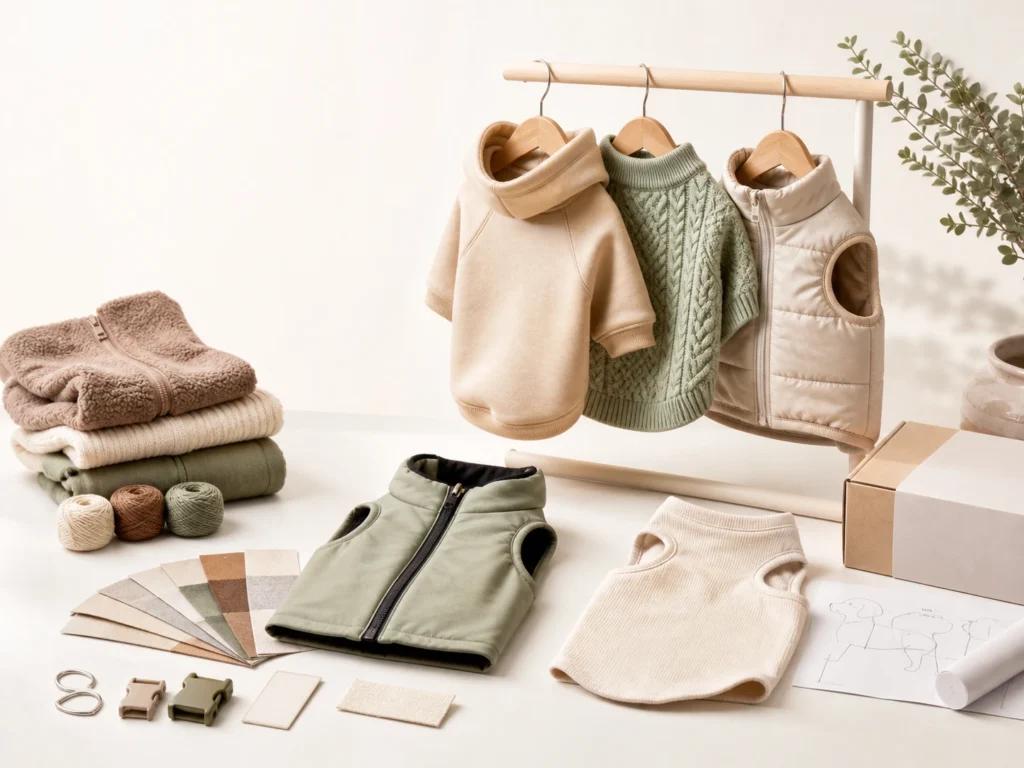Pet apparel collection with hoodies, sweaters, jackets and customization materials