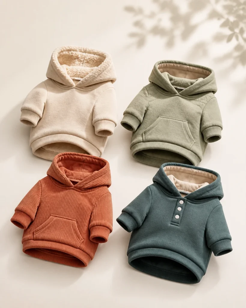 Pet hoodies and sweatshirts in multiple colors and fabric styles