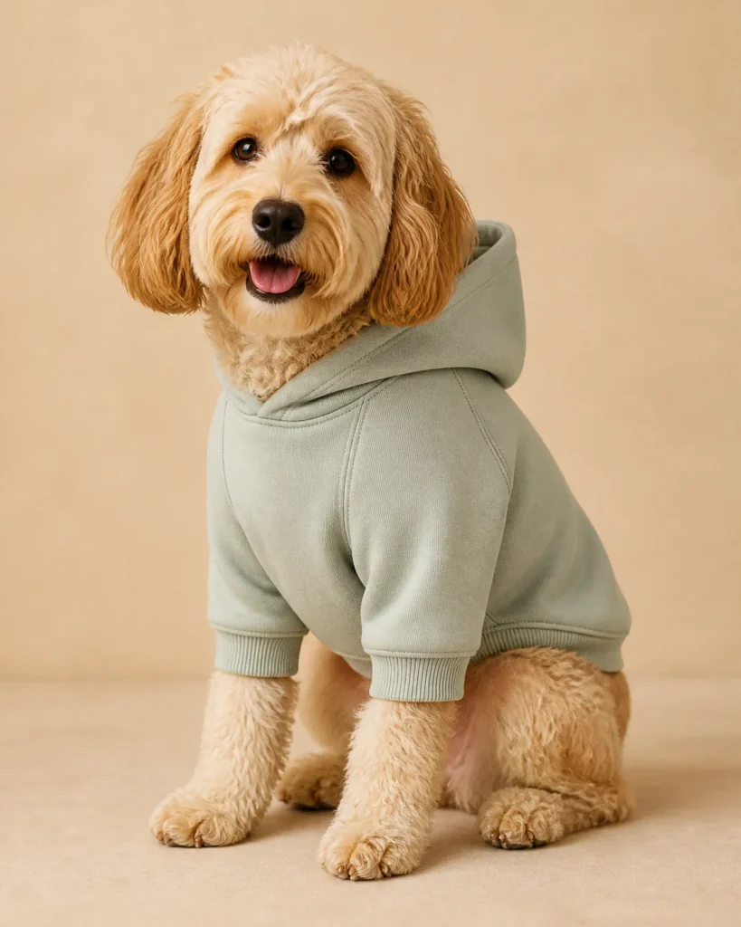 Dog wearing a sage green pet hoodie on a warm beige studio background