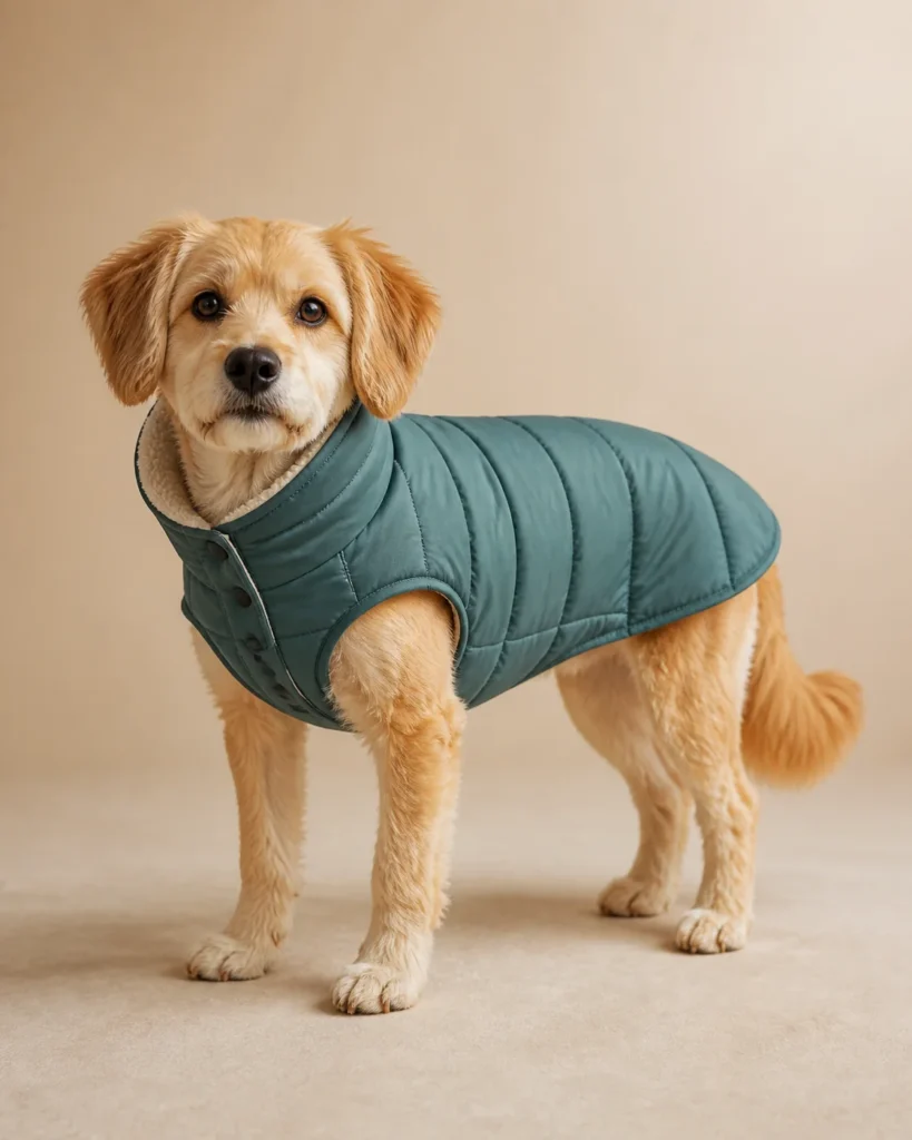 Dog wearing a muted teal quilted pet jacket on a warm beige studio background