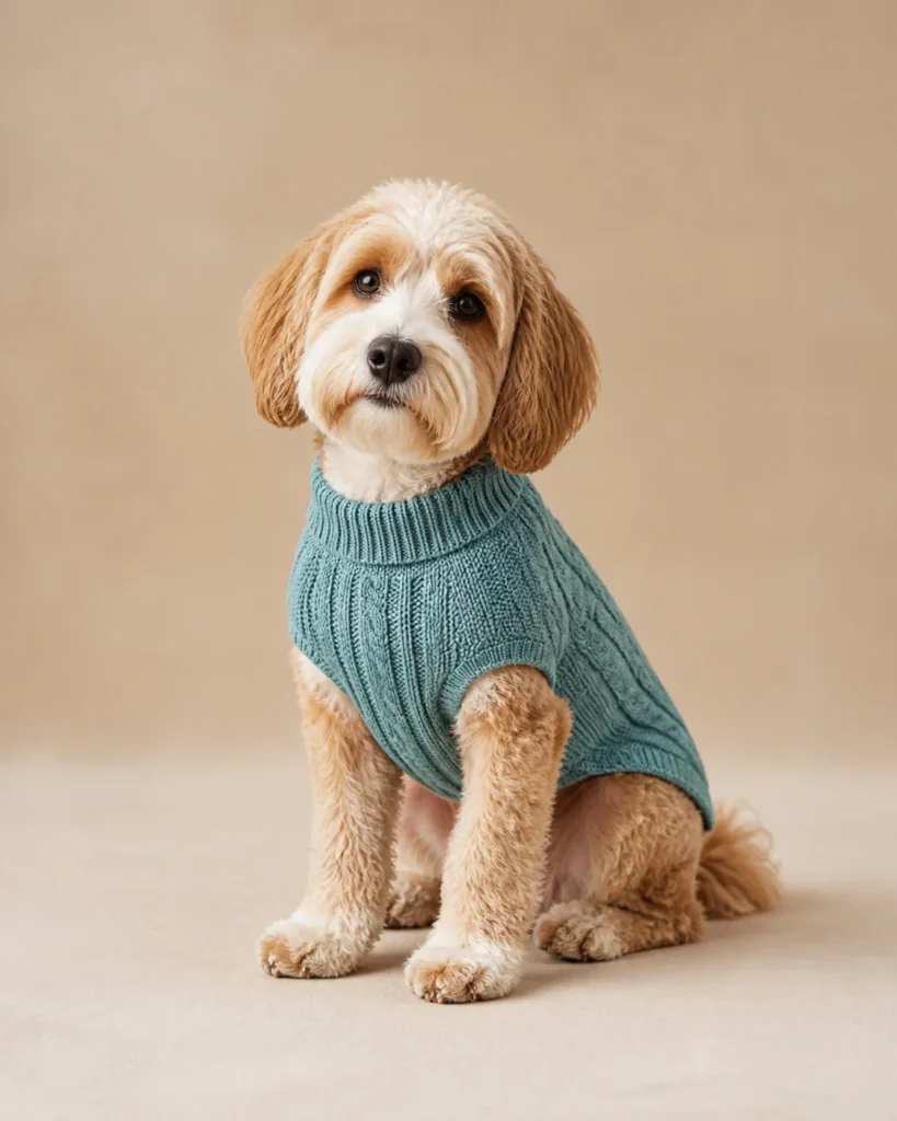 Small dog wearing a teal knitted pet sweater on a warm beige studio background