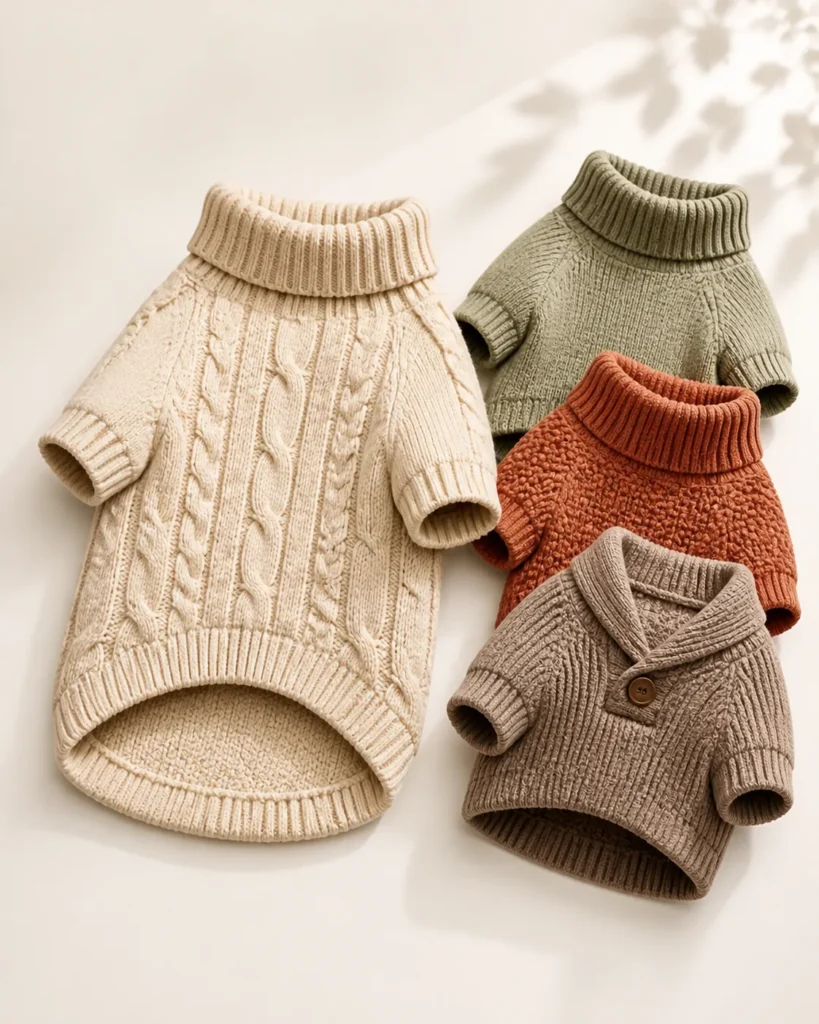 Pet sweaters and knitwear in different knit textures and colors