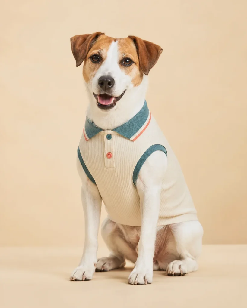 Dog wearing a cream lightweight pet polo with muted teal collar and coral buttons