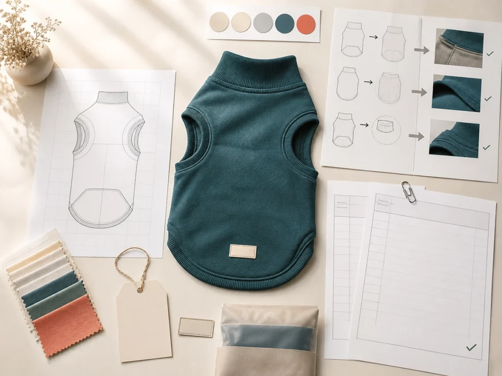 Custom pet apparel sample development process with design brief and material review