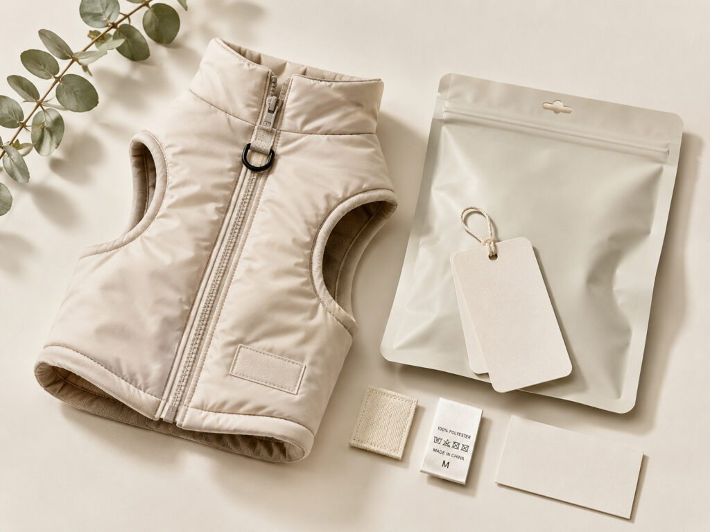 Neutral pet vest with blank hangtags, labels and packaging for private label branding