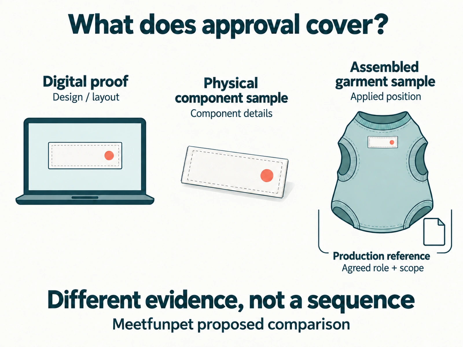 Conceptual comparison of a digital proof, a loose label and an assembled pet garment, with production reference shown as an agreed role and scope rather than a fourth sample stage.
