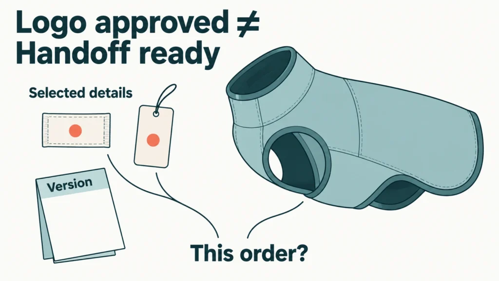 Conceptual pet-apparel component map linking selected branding details and an artwork version to an order-scope question, showing that logo approval alone does not establish handoff readiness.
