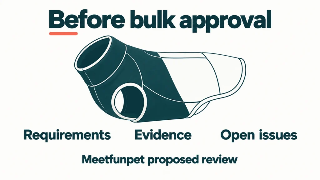 Conceptual pet garment combining outline and colour-fill illustration, with prompts to review requirements, evidence and open issues before bulk approval.