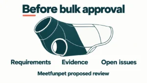 Conceptual pet garment combining outline and colour-fill illustration, with prompts to review requirements, evidence and open issues before bulk approval.