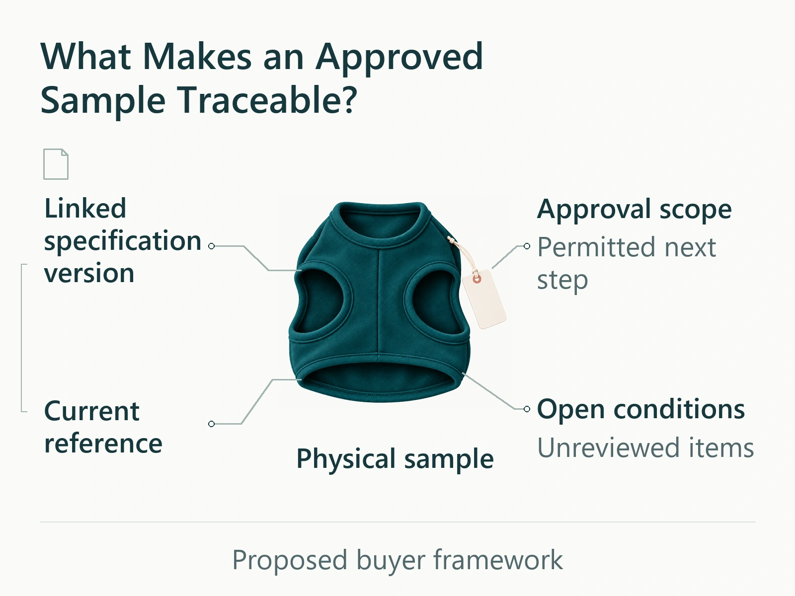 Proposed buyer framework linking a physical sample to its specification version, approval scope, open conditions and current reference