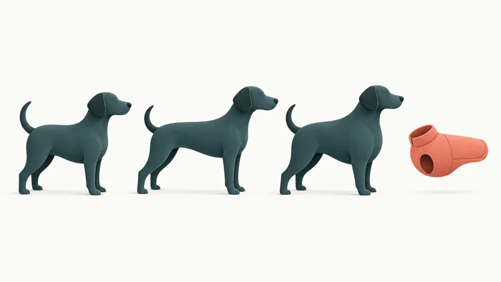 Conceptual dog body proportions and pet apparel silhouette for sizing and fit development