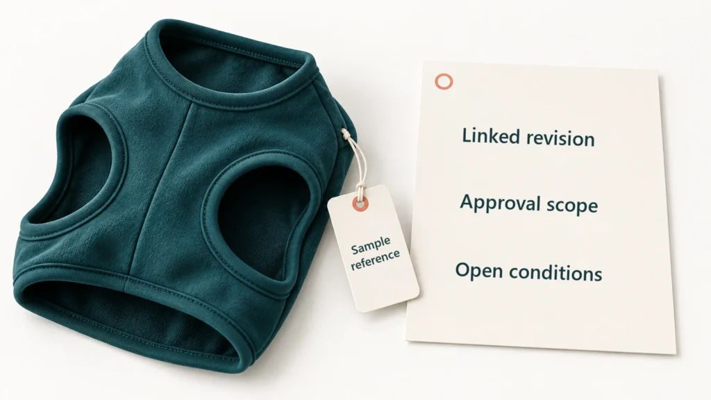 Conceptual pet apparel sample with an identification tag and linked revision and approval records