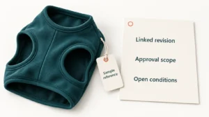Conceptual pet apparel sample with an identification tag and linked revision and approval records