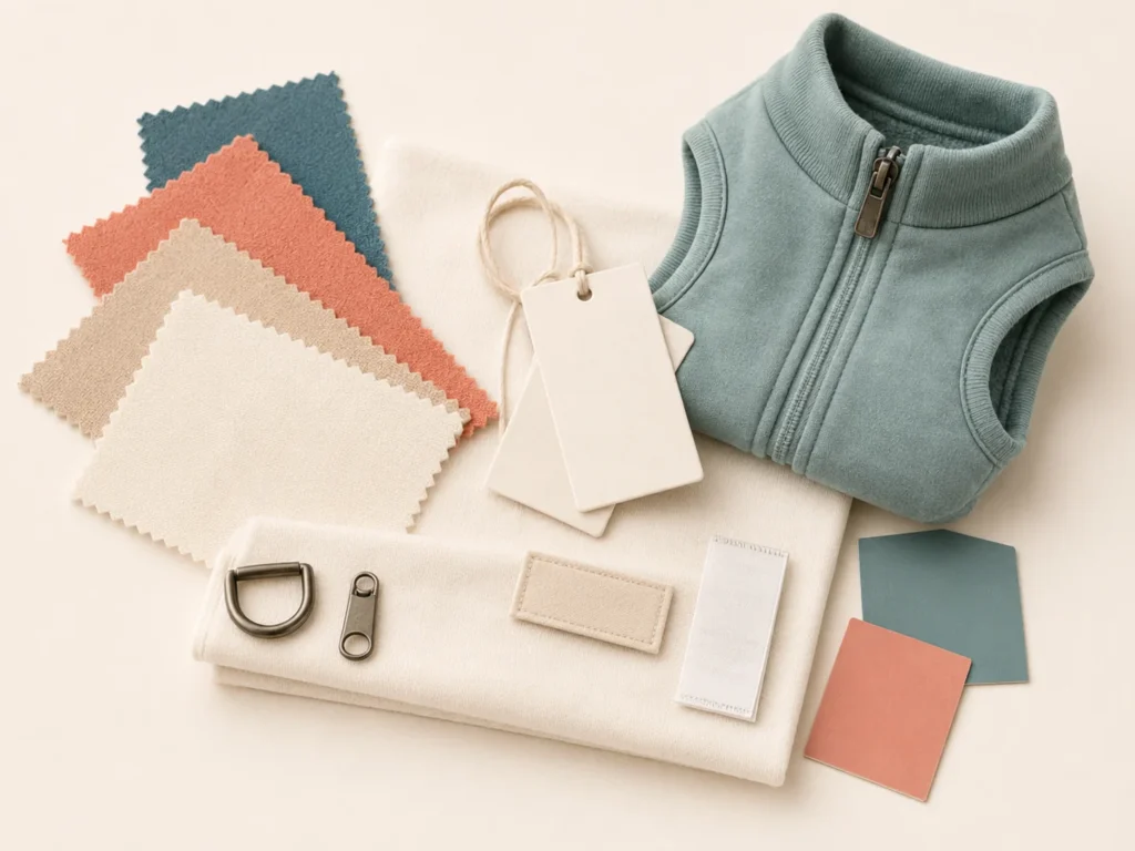 Pet apparel flat lay with color swatches, trims, tags and branding materials illustrating MOQ requirements