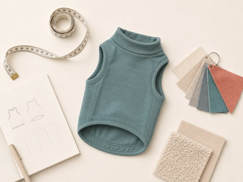 Teal pet shirt flat lay with measuring tape, fabric swatches and spec sheet showing product construction and material planning