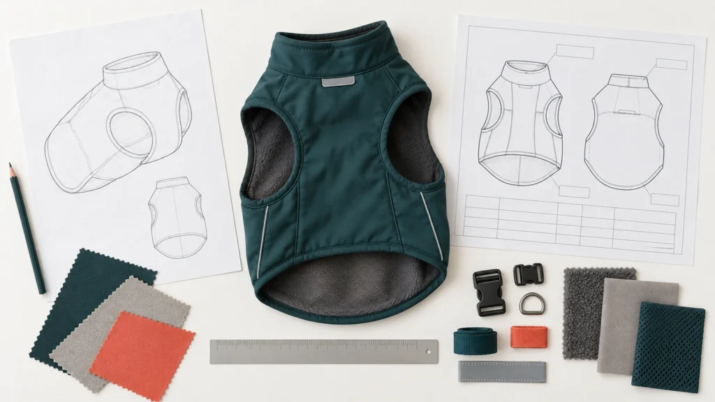 Pet apparel development workspace with sketch, physical reference garment and technical specification sheet