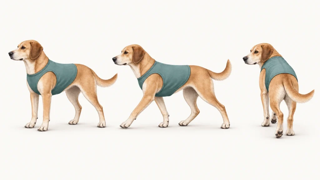 Dog wearing a generic pet apparel sample shown across standing, walking and turning positions for fit observation
