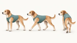 Dog wearing a generic pet apparel sample shown across standing, walking and turning positions for fit observation