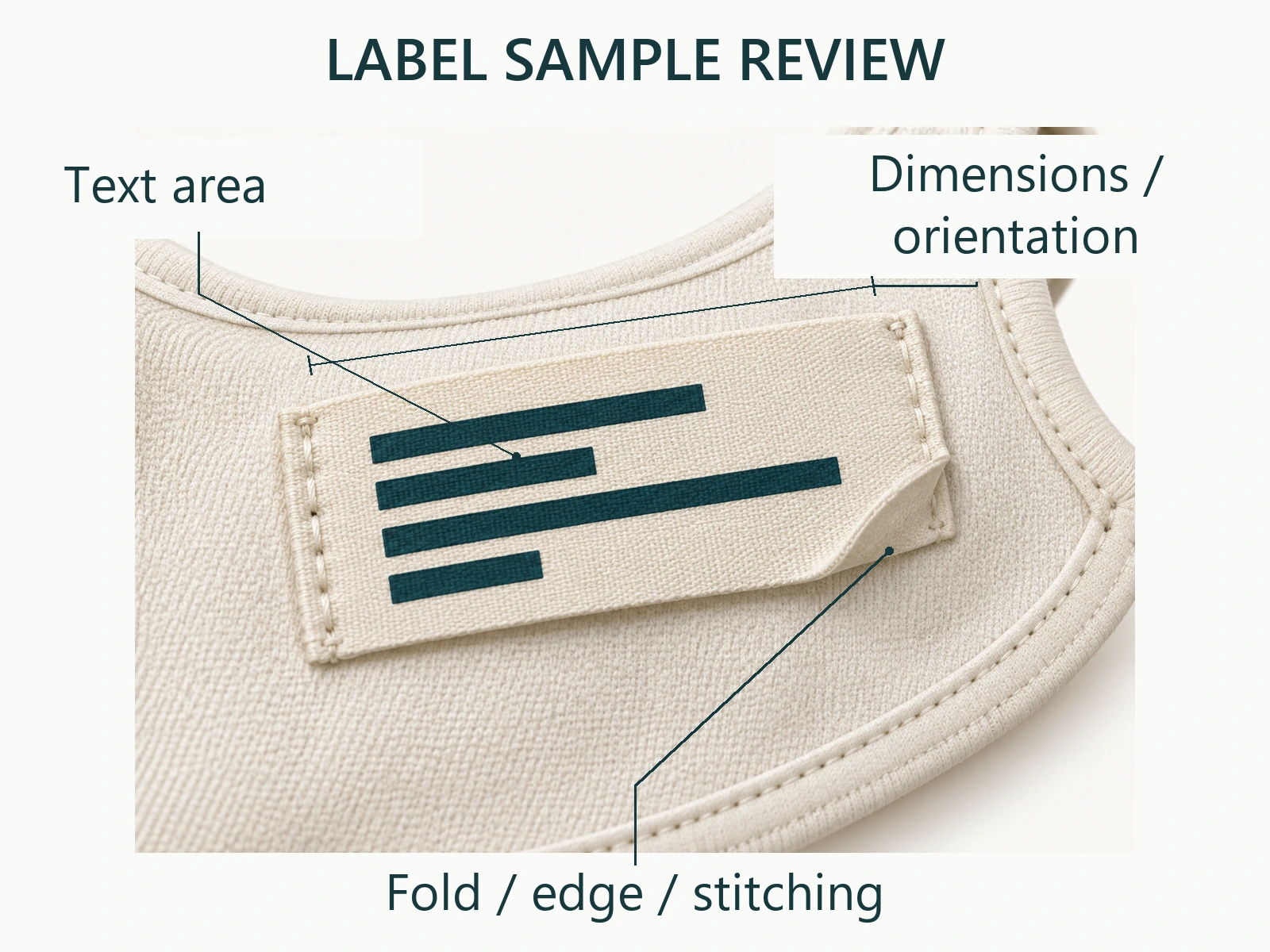 Close-up review of label placement, stitching, edges and readability on a pet apparel sample