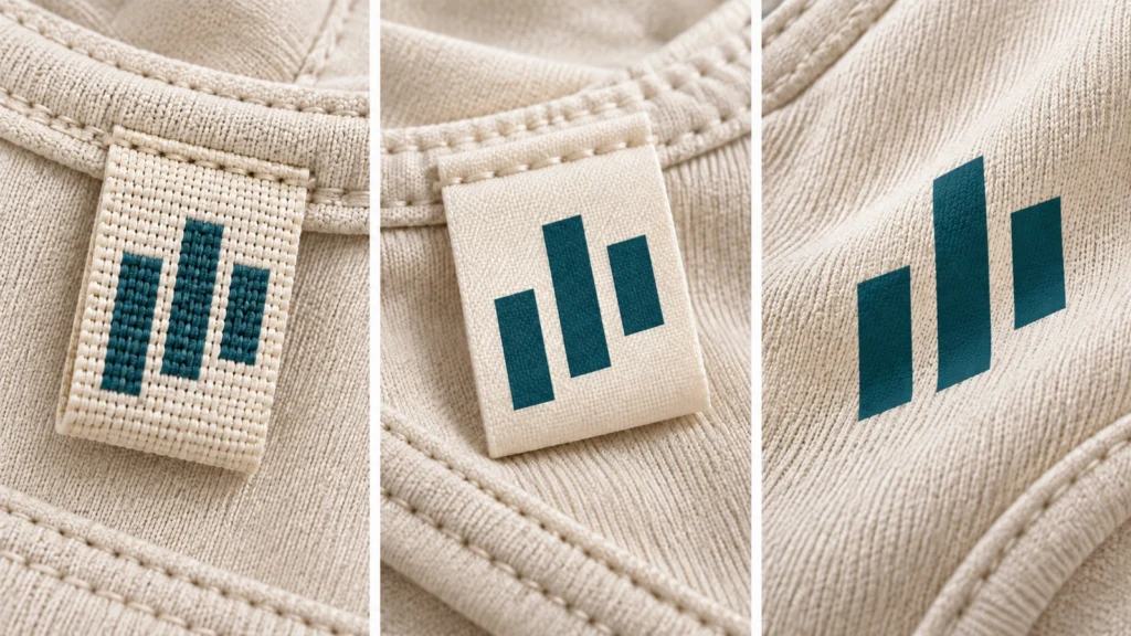 Close-up comparison of woven, printed fabric and direct heat transfer label treatments for pet apparel