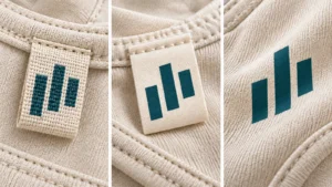 Close-up comparison of woven, printed fabric and direct heat transfer label treatments for pet apparel