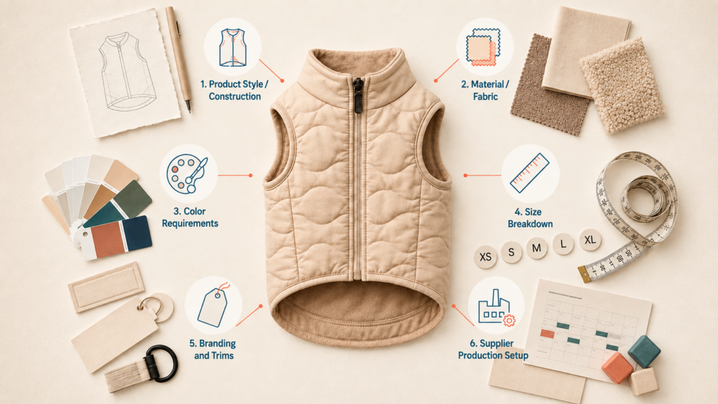 Infographic showing six factors that can affect pet apparel MOQ: product construction, material, color, size breakdown, branding and supplier production setup