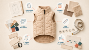 Infographic showing six factors that can affect pet apparel MOQ: product construction, material, color, size breakdown, branding and supplier production setup