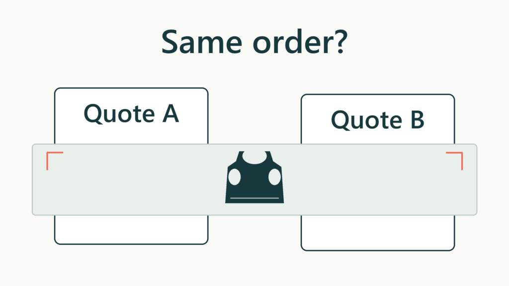 Conceptual quote outlines aligned against a shared pet apparel order-scope overlay, asking whether they cover the same order