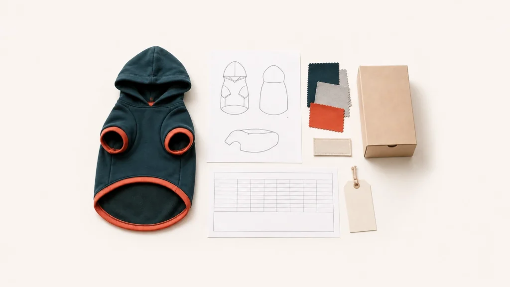 Pet apparel RFQ planning workspace with product, sizing, branding and packaging references
