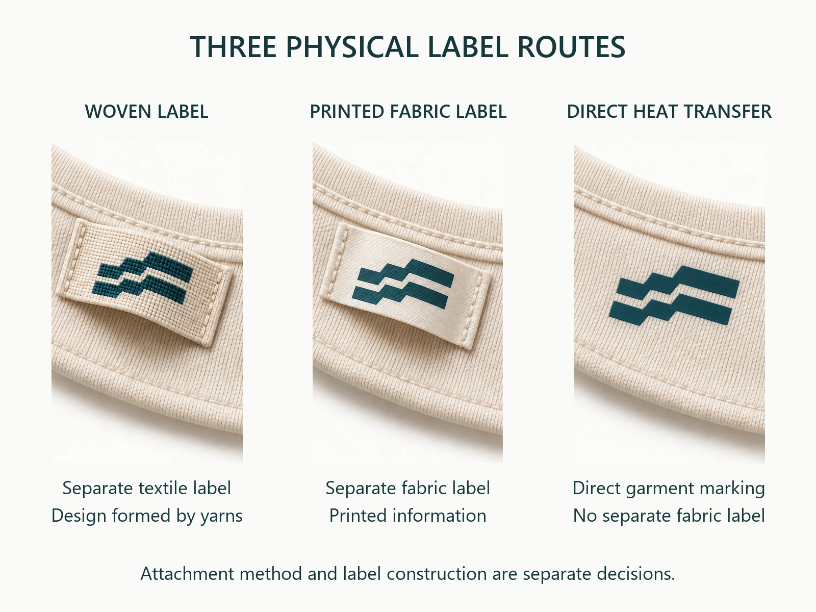 Physical comparison of a woven label, printed fabric label and direct heat transfer marking on garment fabric