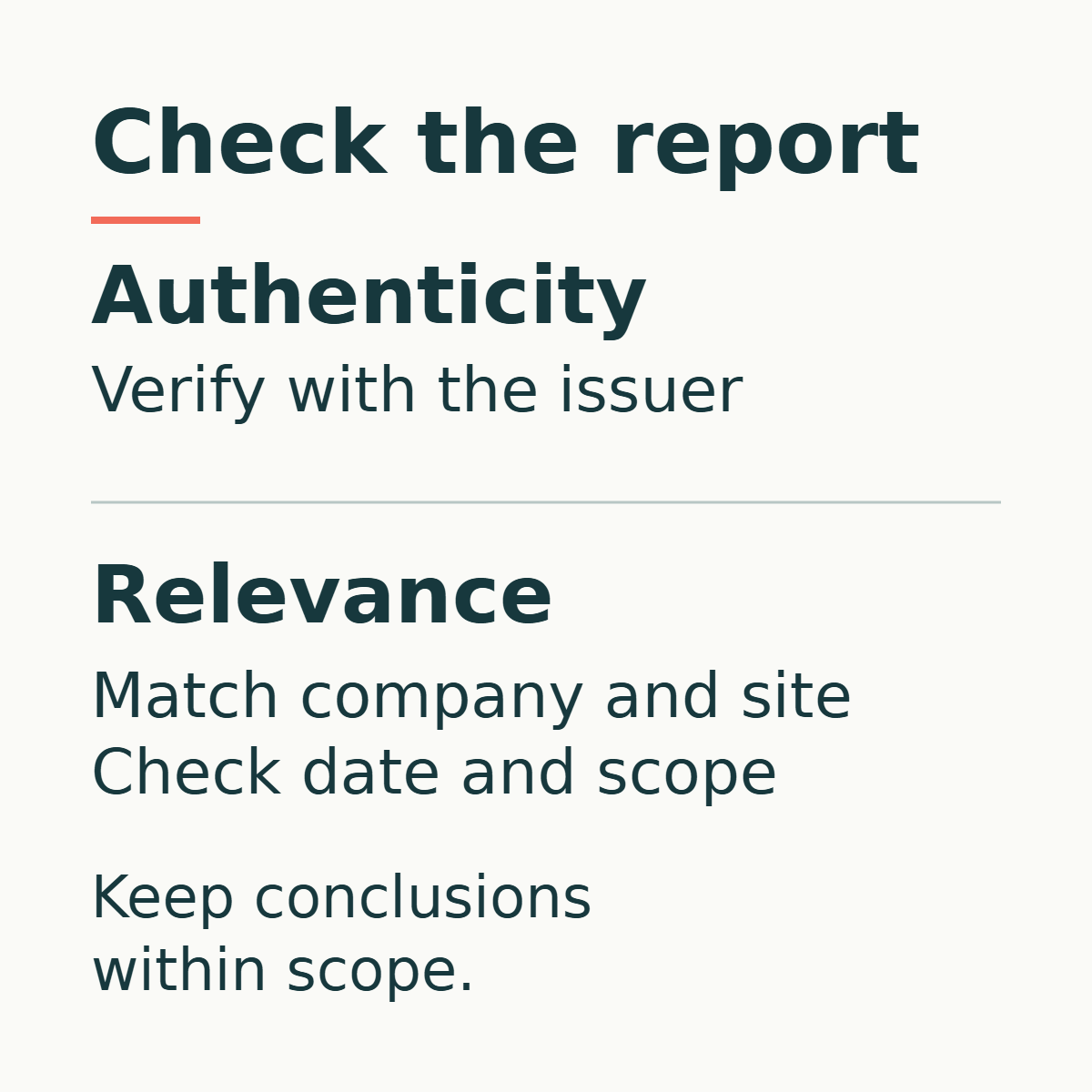 Diagram separating report authenticity checks with the issuer from relevance checks for company, site, date and scope.